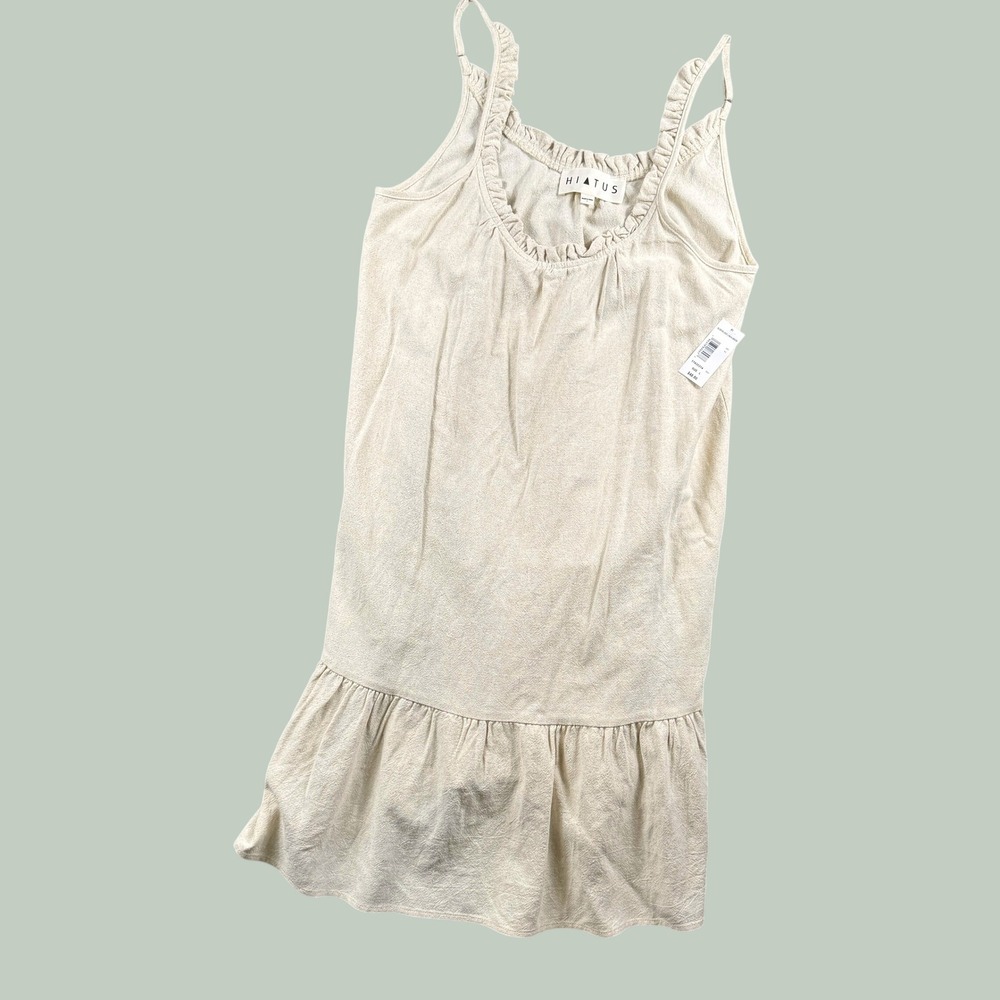 New Hiatus Sleeveless Linen Blend Dress Womens L Beige Ruffle Hem Boho Resort